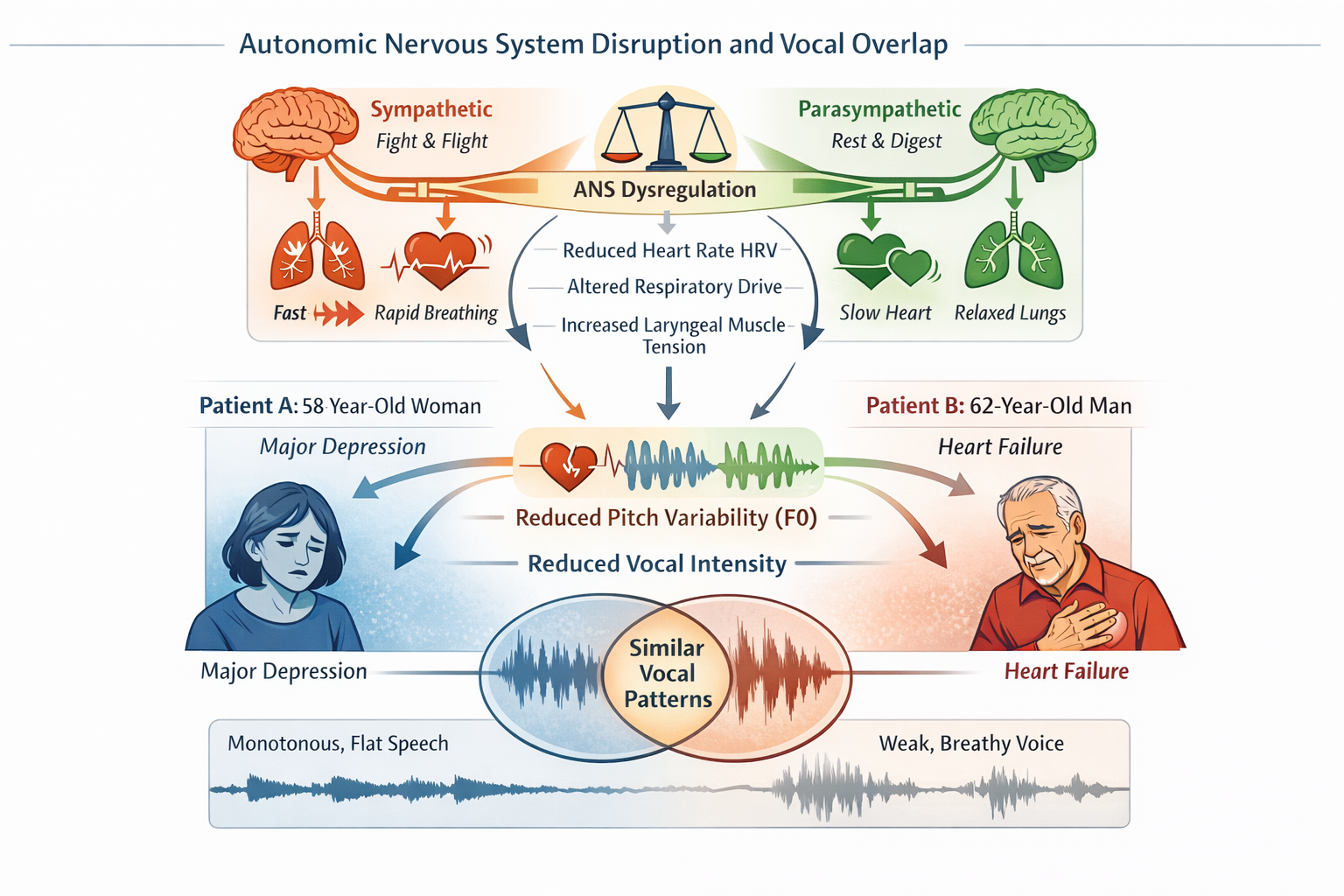 Autonomic nervous system disruption and vocal overlap illustration showing shared ANS pathways linking depression and heart failure to similar vocal patterns.